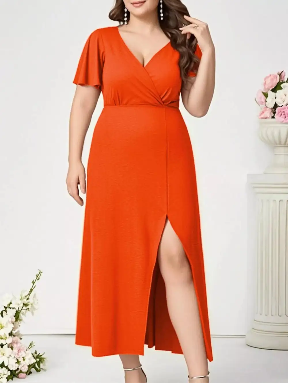 Plus Size Surplice Flutter Sleeve Dress