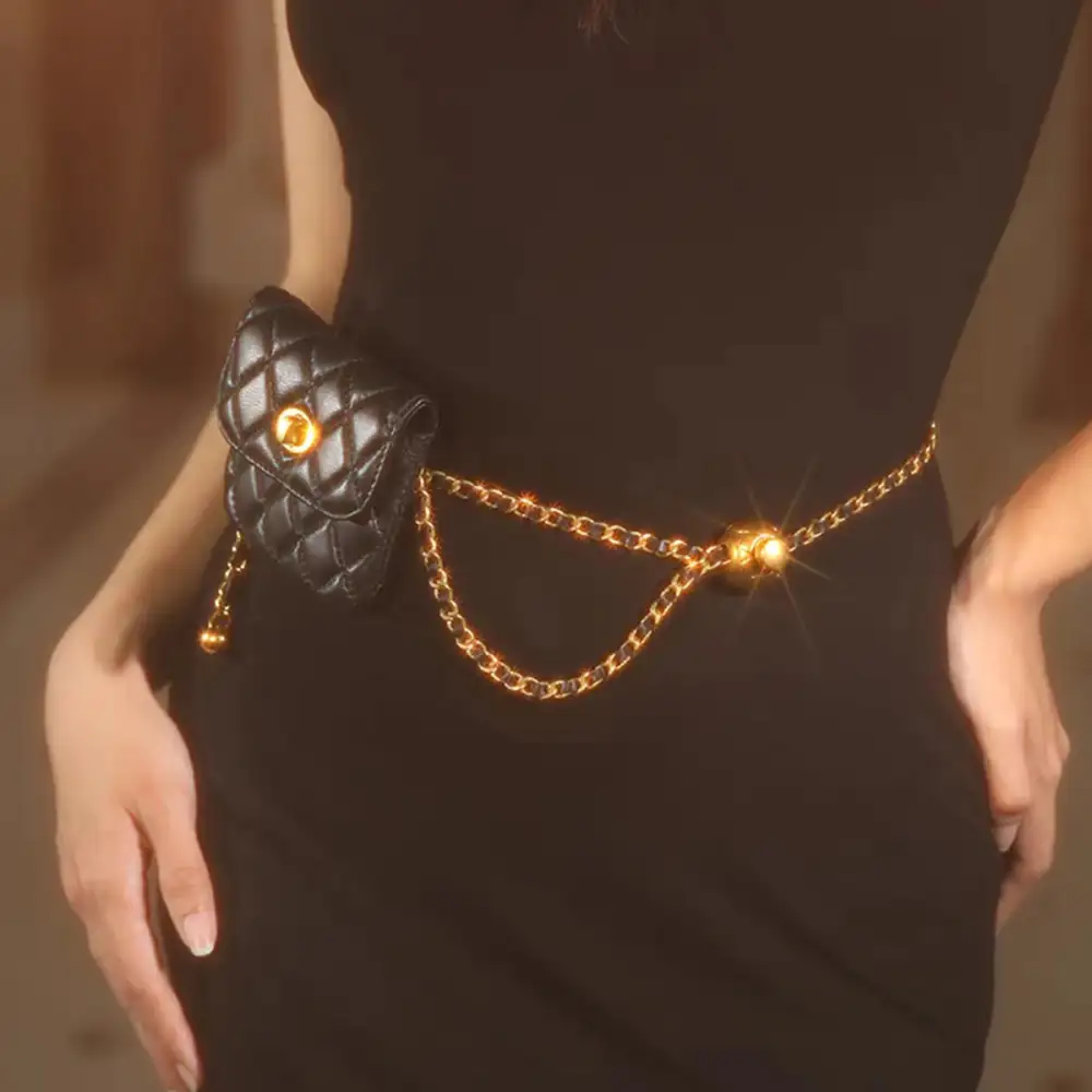 Glamorous Edge: Leather Gold-Chain Casual Handbag