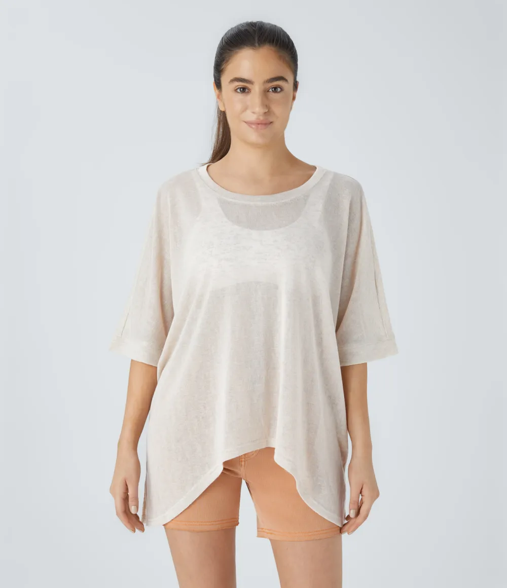 Asymmetric Split Hem Sheer Oversize Casual Top