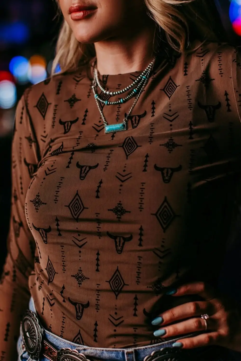 Western Print Mesh Relaxed Long Sleeve Top