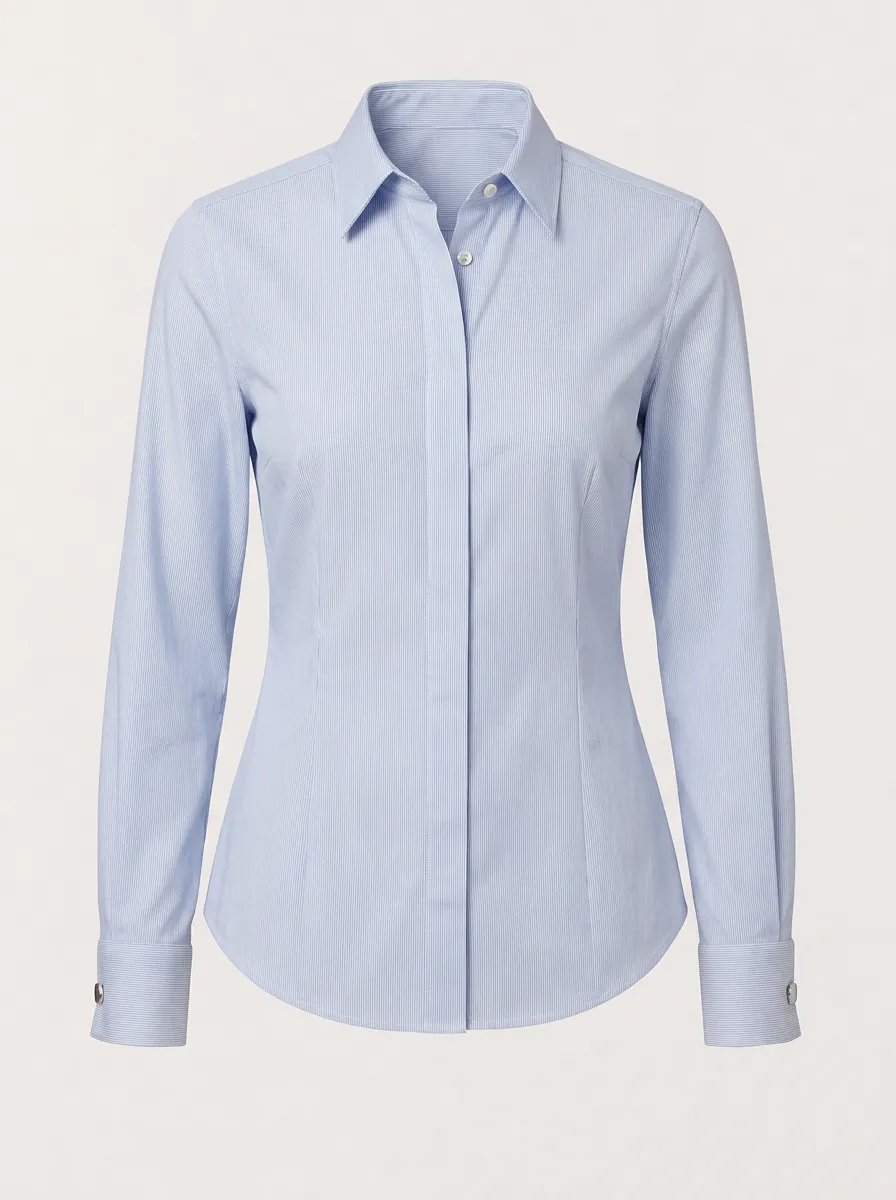 Women's Business Casual Light Blue Pinstriped Button-Down Shirt