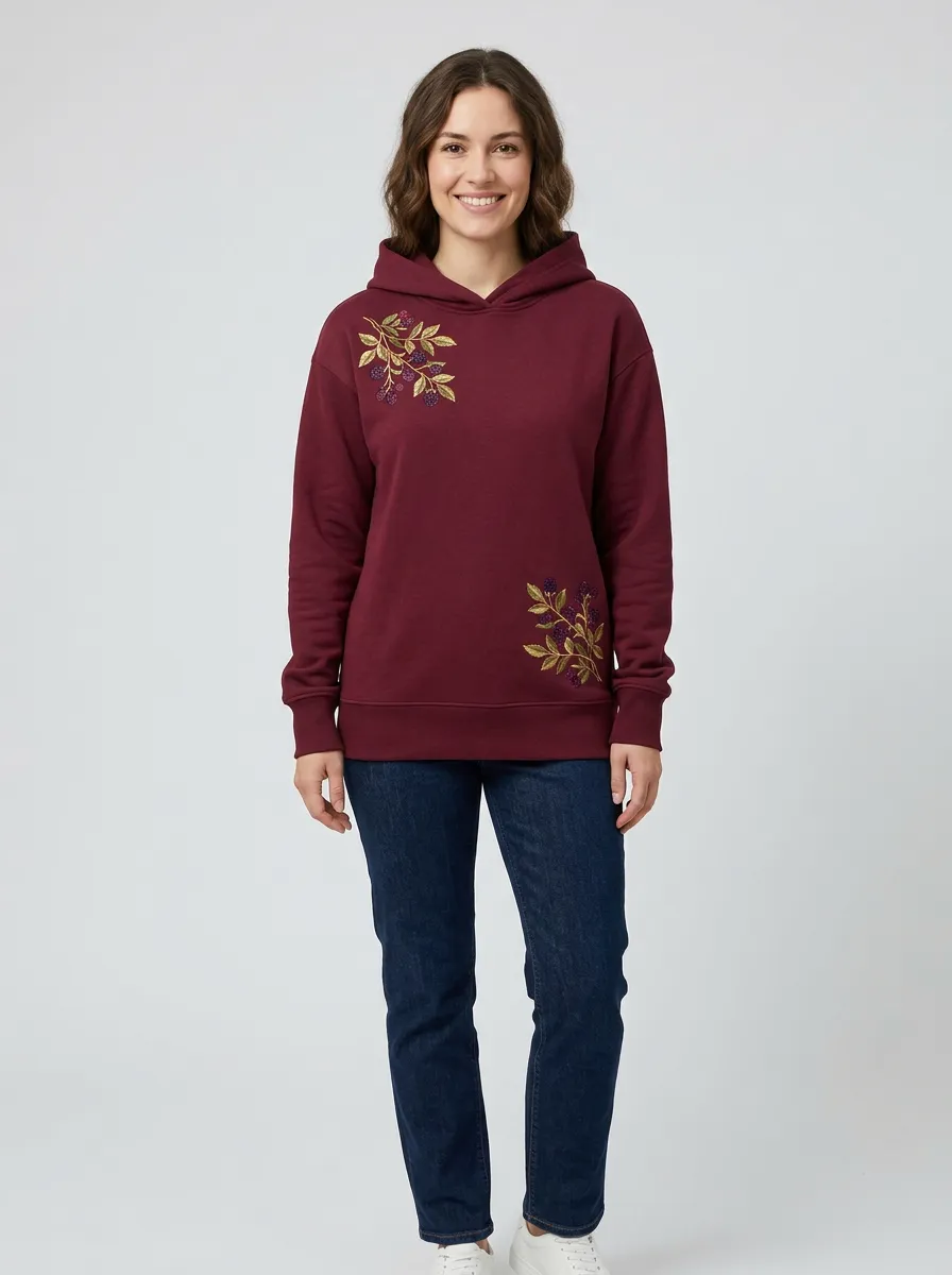 Women's Modern Casual Botanical Branch Embroidered Graphic Nature Inspired Hoodie