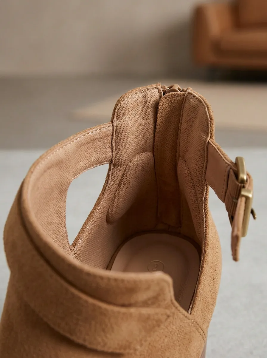 Cutout Buckle-Detail Suede-Look Women's Peep-Toe Ankle Boots