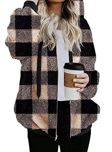Womens Full Zip Up Sherpa Hoodie Fuzzy Fleece Jacket Oversized Fluffy Coat with Pockets
