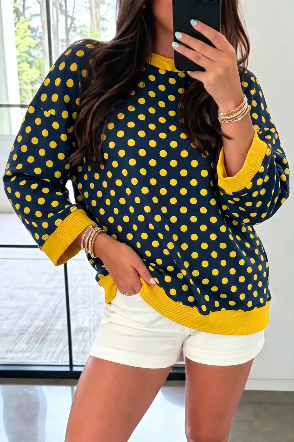 Refined Polka Dot Round Neck Contrast Trim Relaxed Bracelet Sleeve Top