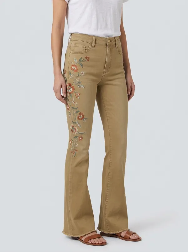 Women's Medium Wash Floral Embroidery Raw Hem Flare Jeans