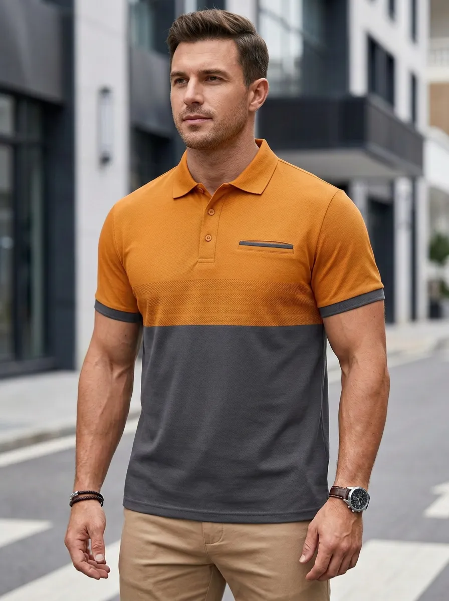 Men's Colorblock Pocket Textured Polo Shirt