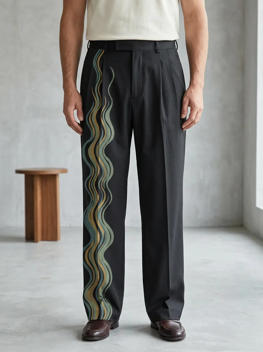 Men's Abstract Art Wavy Line Printed Wide Leg Trousers