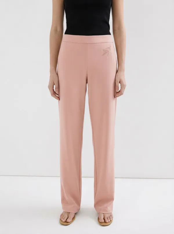Women's Minimalist Leaf Embroidered Mid-Rise Straight Leg Pants