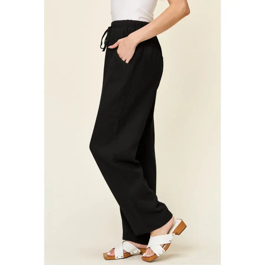 Full Size Texture Drawstring Straight Pants