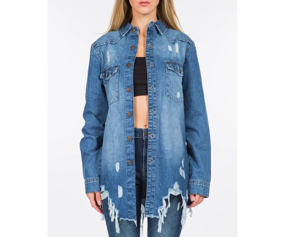 Distressed Frayed Hem Denim Jacket