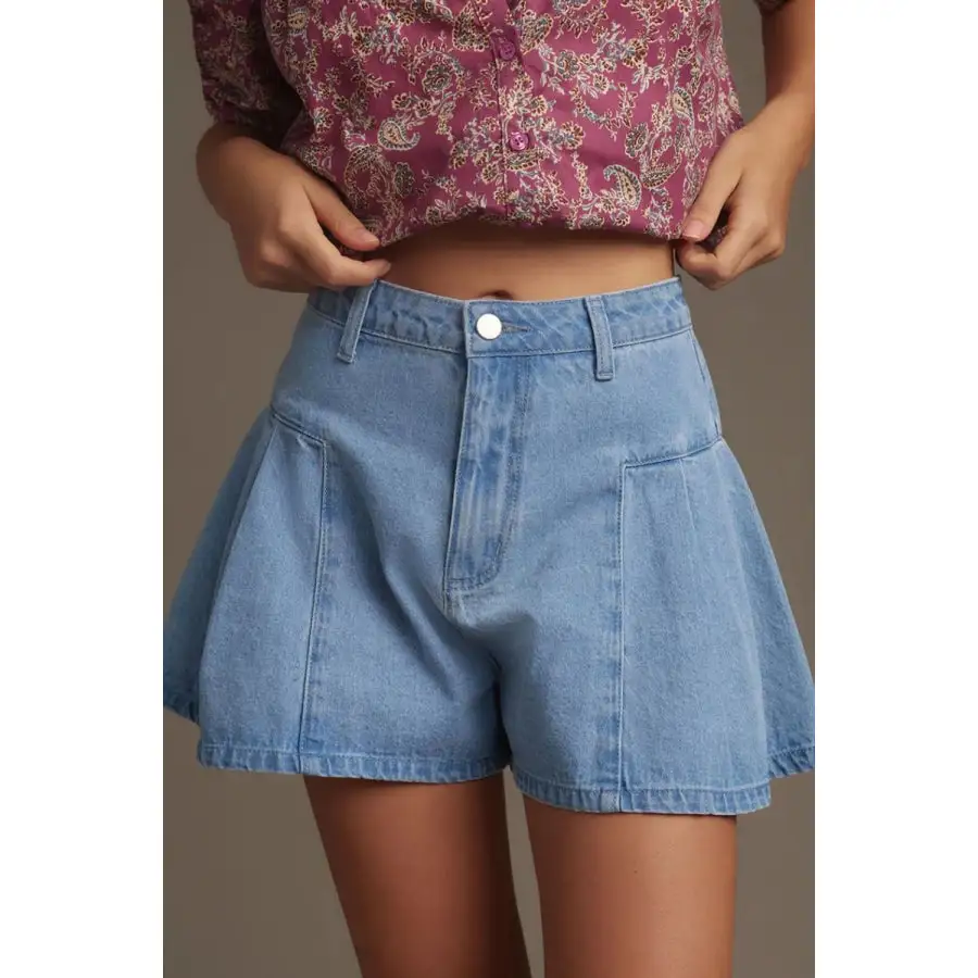 Pleated Patchwork Panel Lightweight Denim Shorts
