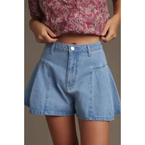 Pleated Patchwork Panel Lightweight Denim Shorts