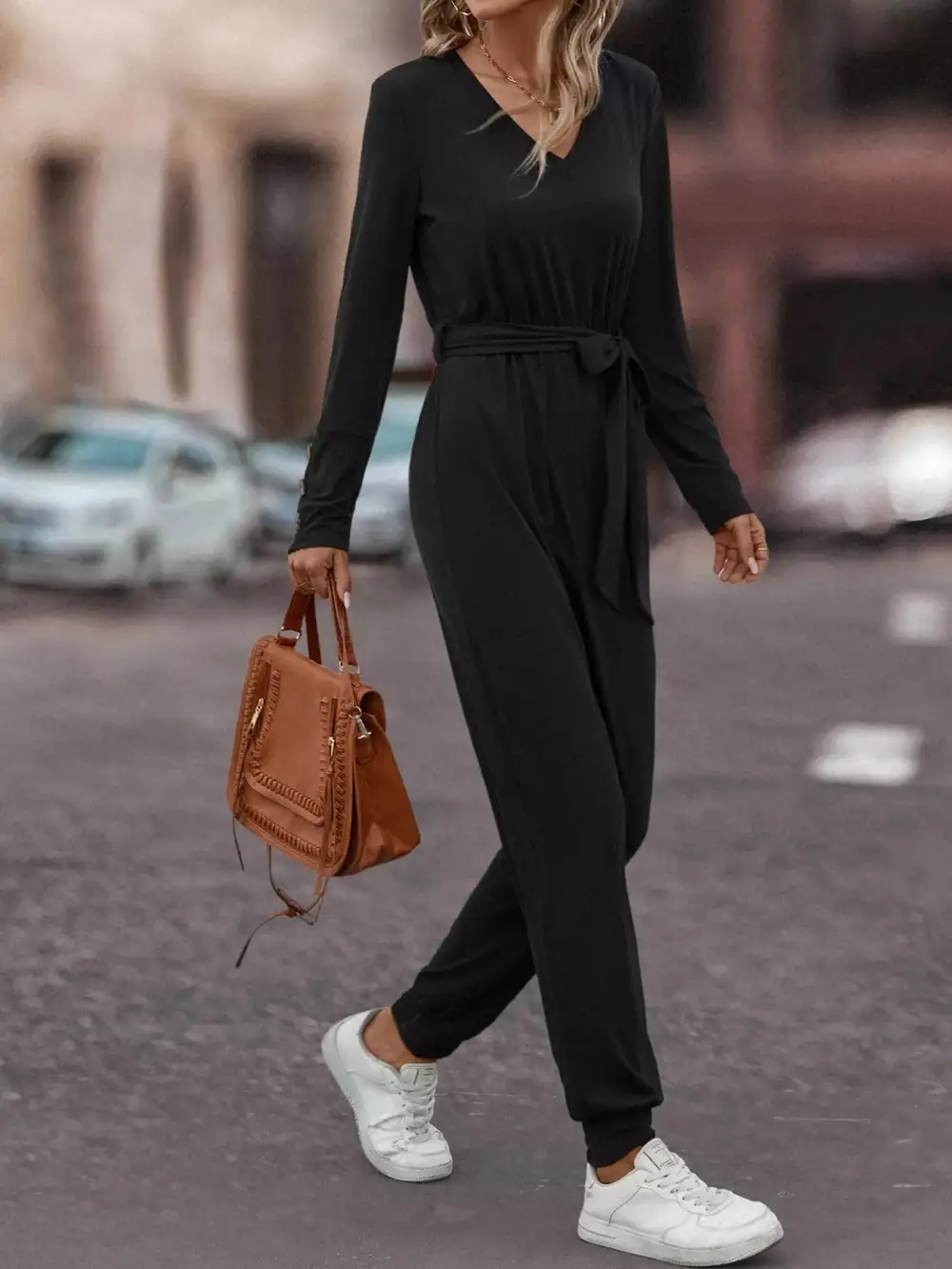 V Neck Long Sleeve Tie Waist Jumpsuit
