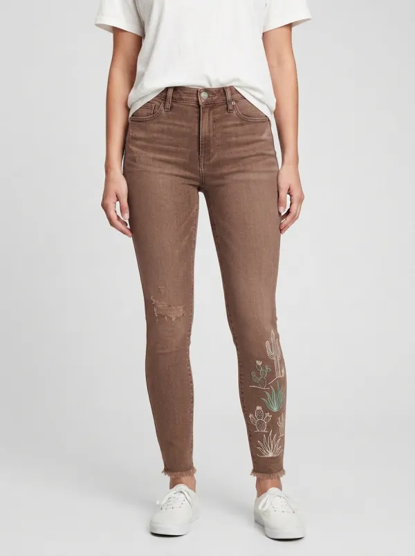 Women's Willow Desert Lover Cactus Embroidered Printed Slim Jeans