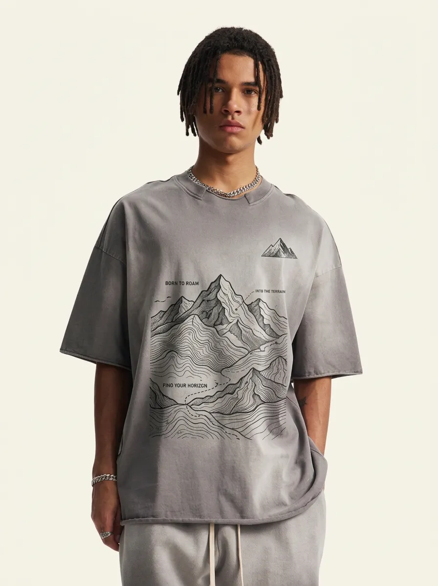 Men's Oversized Trailbound Outdoor Adventure Mountain Landscape Graphic T-Shirt