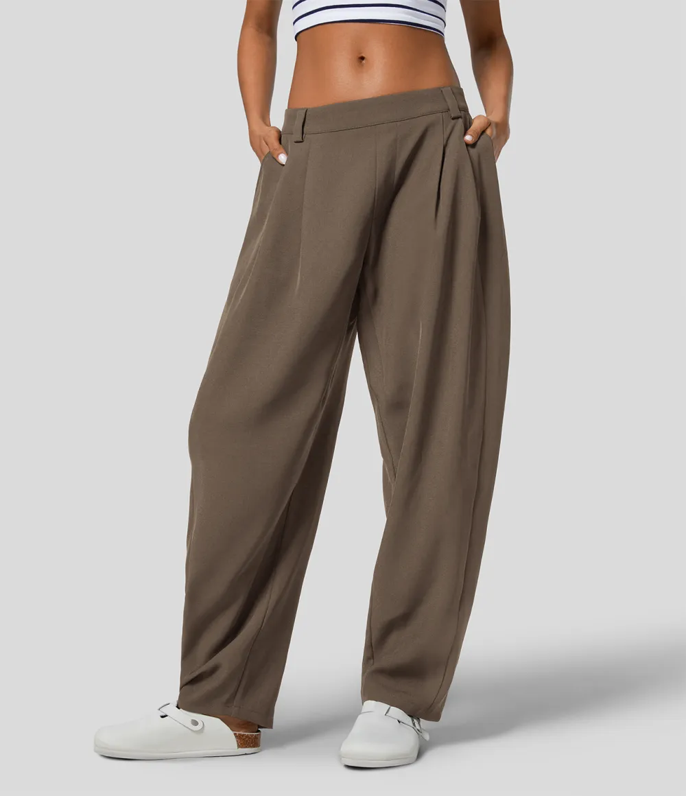 Mid Rise Plicated Side Pocket Barrel Leg Work Pants