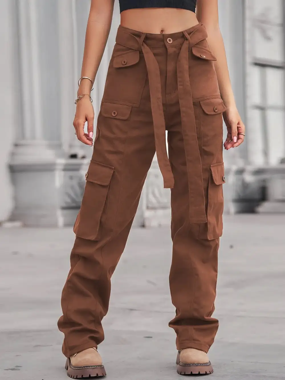 High Waist Cargo Pocketed Denim Jeans