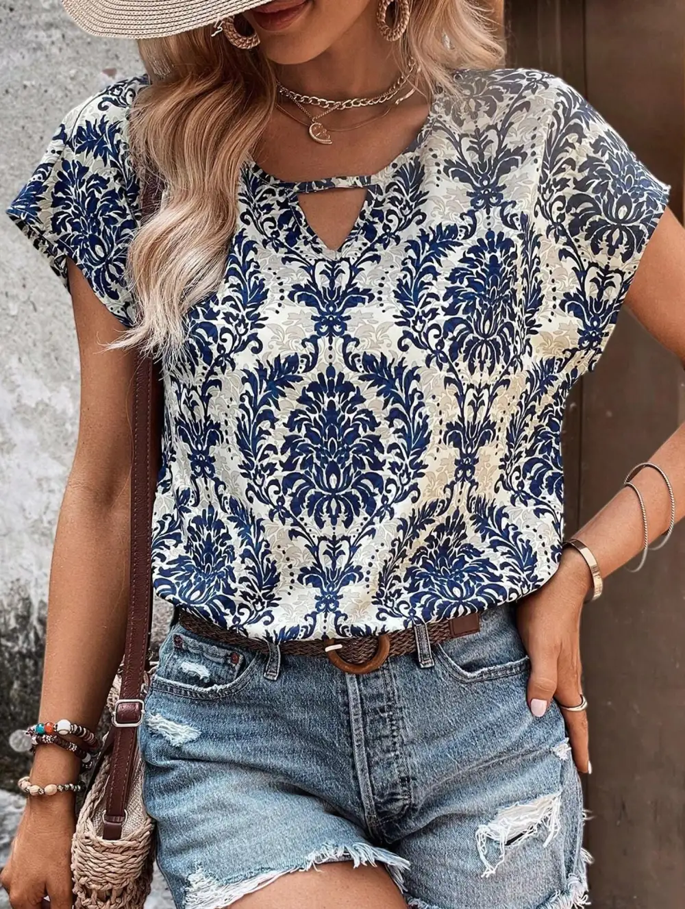 Print V-Neck Batwing Sleeve Top