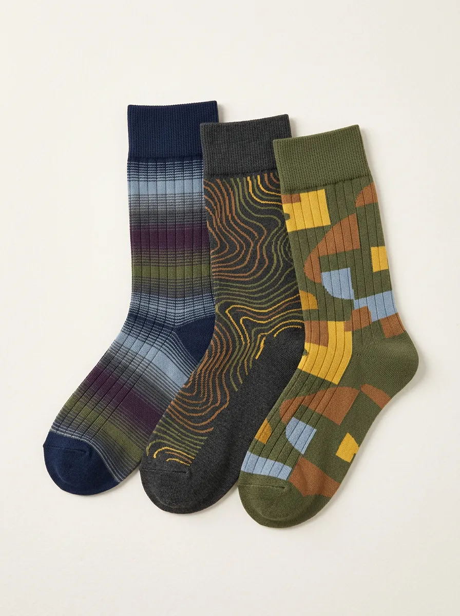 Men's Geometric Topographic Stripe Printed Three Pack Socks