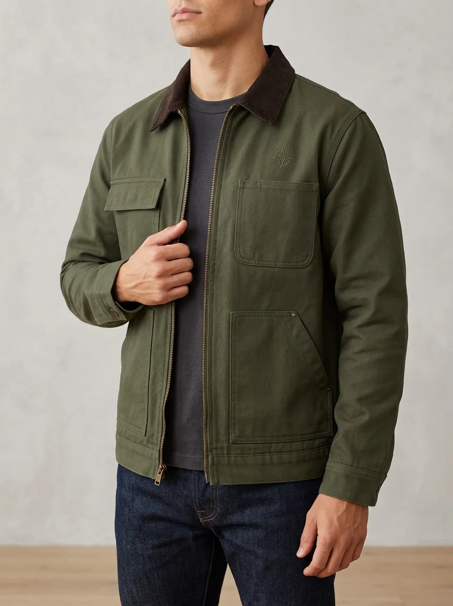 Men's Olive Green Compass Logo Embroidered Canvas Jacket