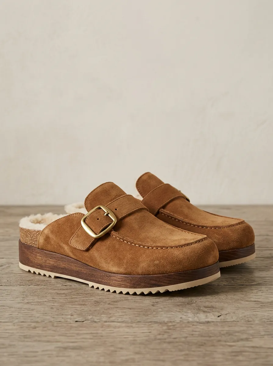 Women's Rugged Faux Fur Lined Buckle Detail Casual Suede Wood Sole Loafers