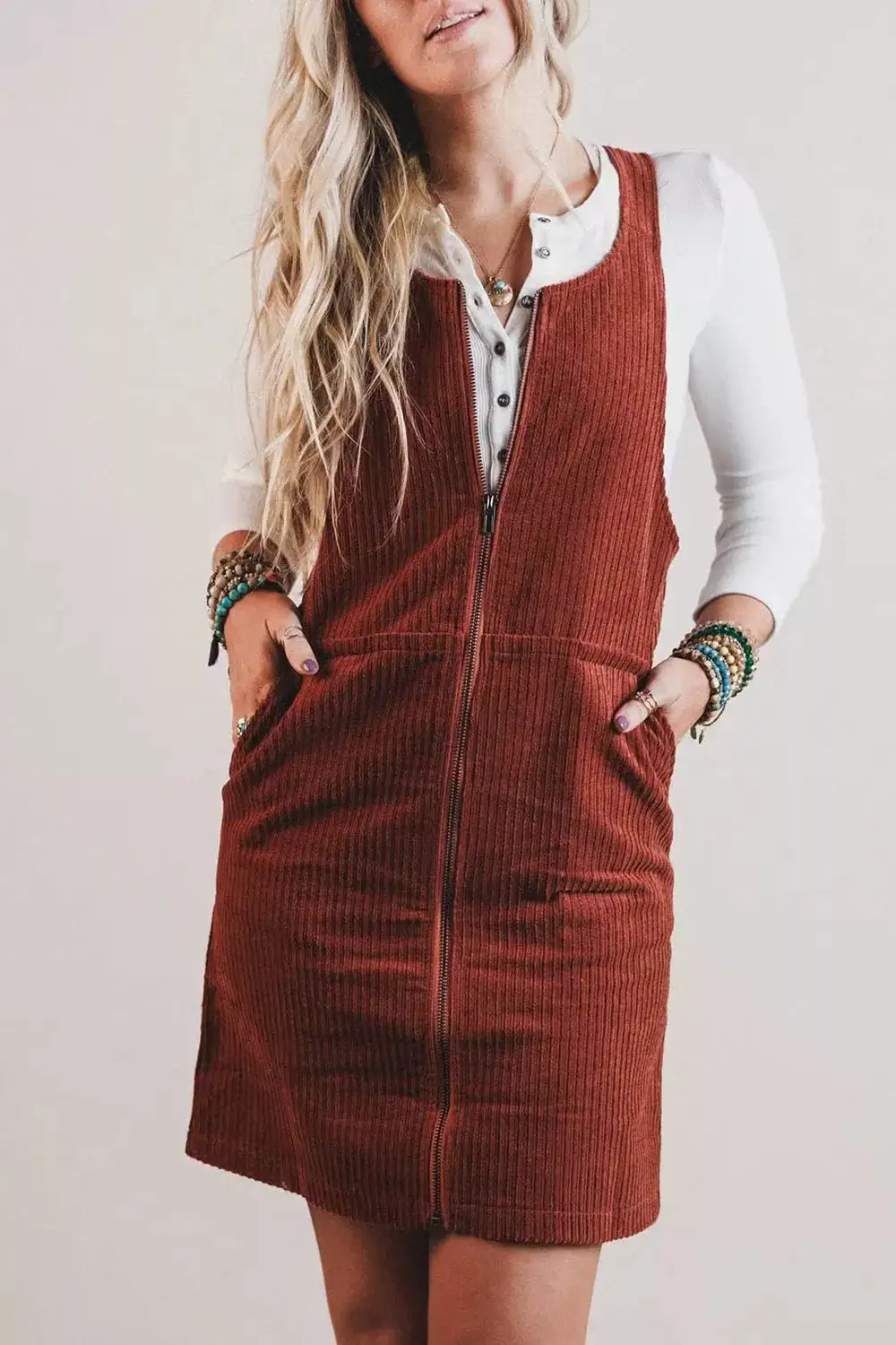 Ribbed Corduroy Zip-Up Sleeveless Pocket Sheath Dress