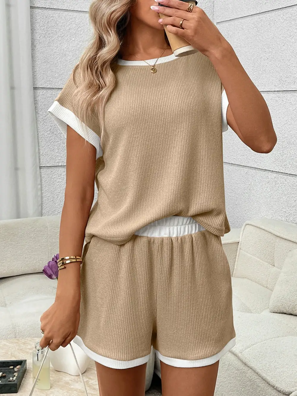 Contrast Trim Short Sleeve Top and Shorts Set