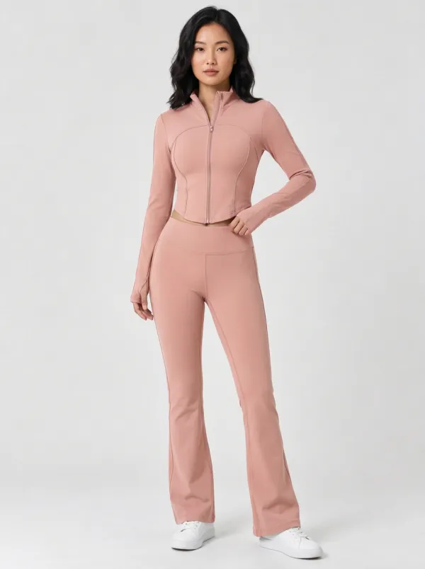 Women's Sage Curved Seam Thumbhole Crop Jacket and Flare Pants Set