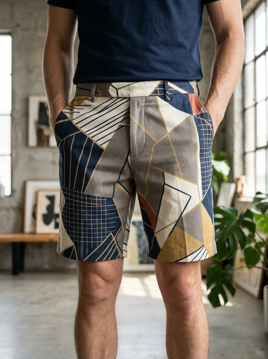 Men's Mid Rise Geometric Abstract Art Tailored Shorts