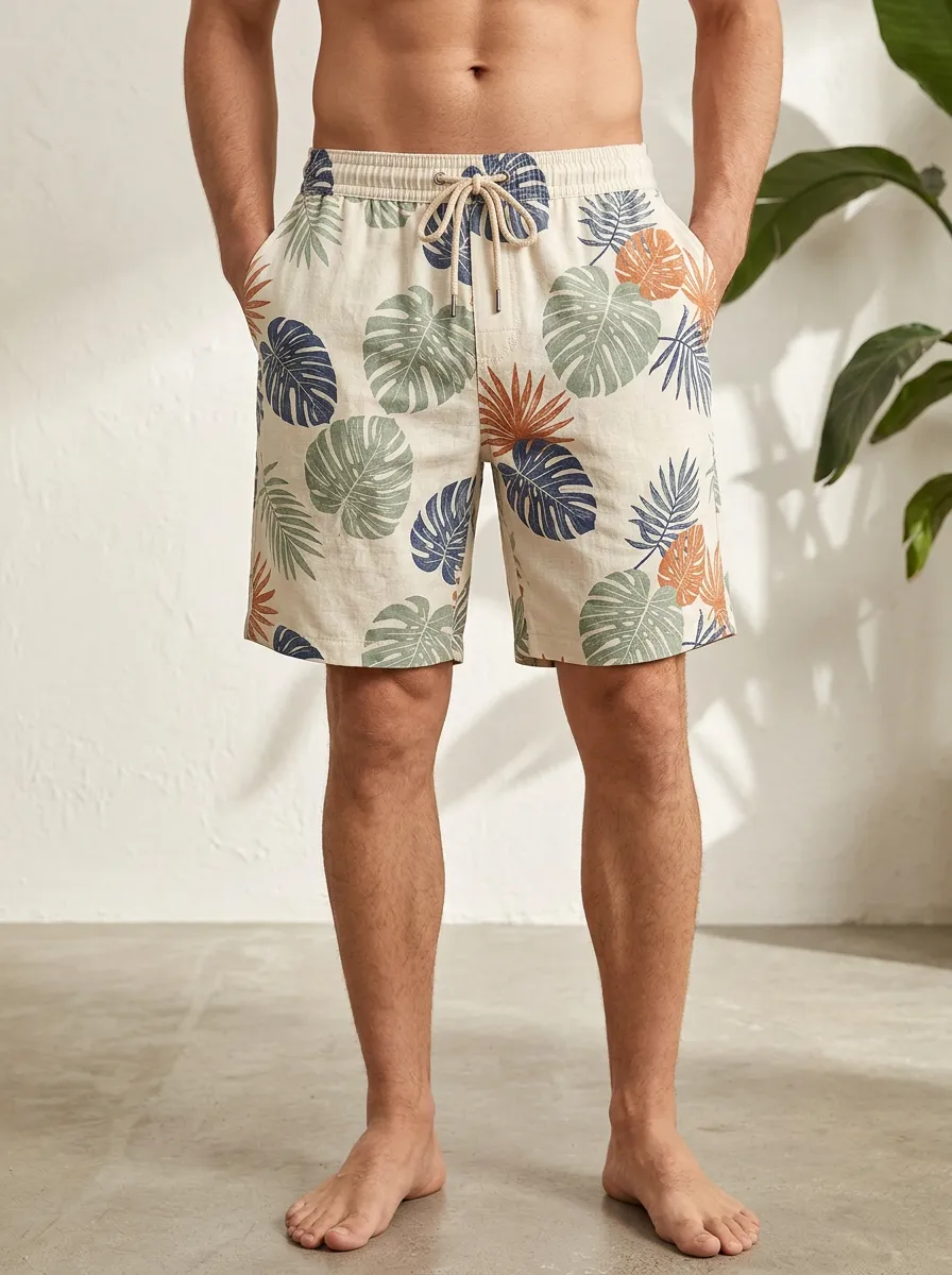 Men's Statement Print Tropical Summer Vacation Monstera Leaf Printed Shorts
