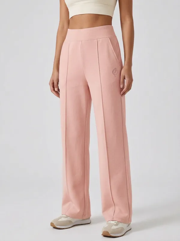 Women's Minimalist Beige Leaf Embroidered Wide Leg Sweatpants