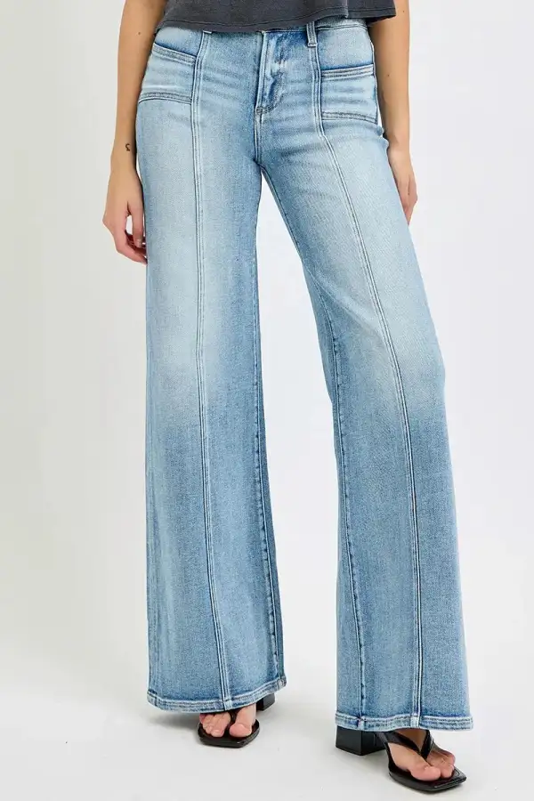 Casual Mid Rise Wide Leg Pocketed Denim Jeans