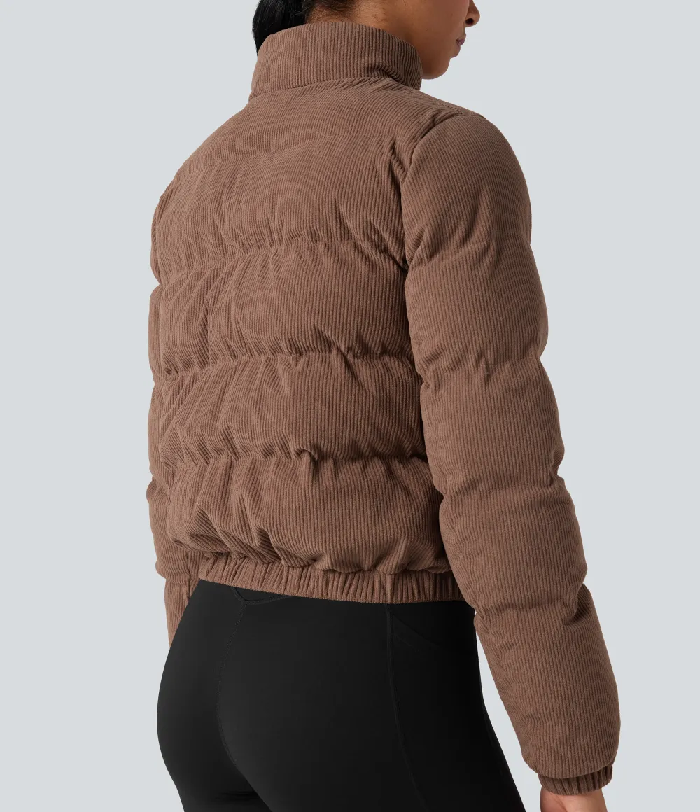 Stand Collar Corduroy Casual Puffer Jacket with Pockets