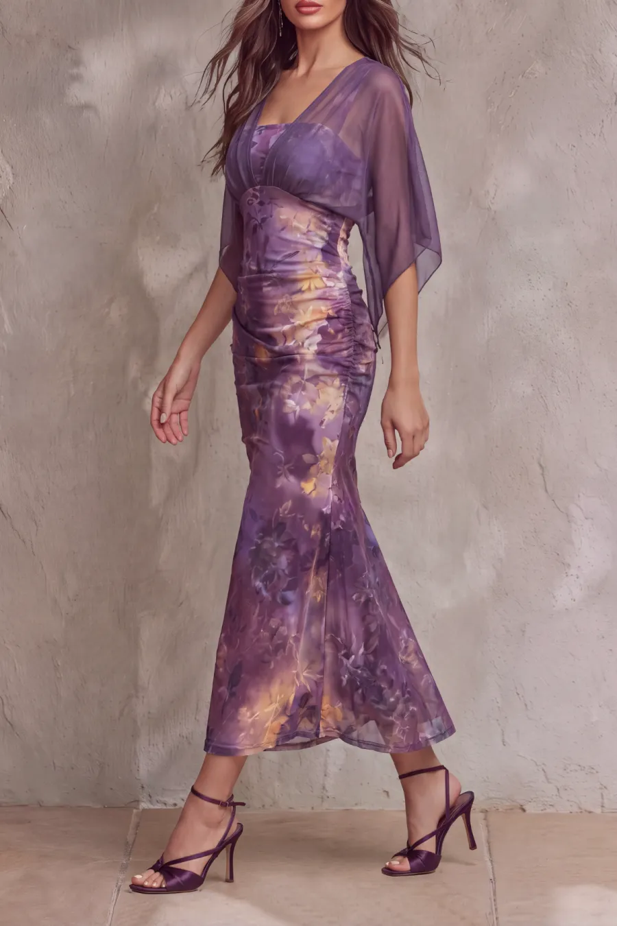 Batwing Sleeve Floral Midi Dress