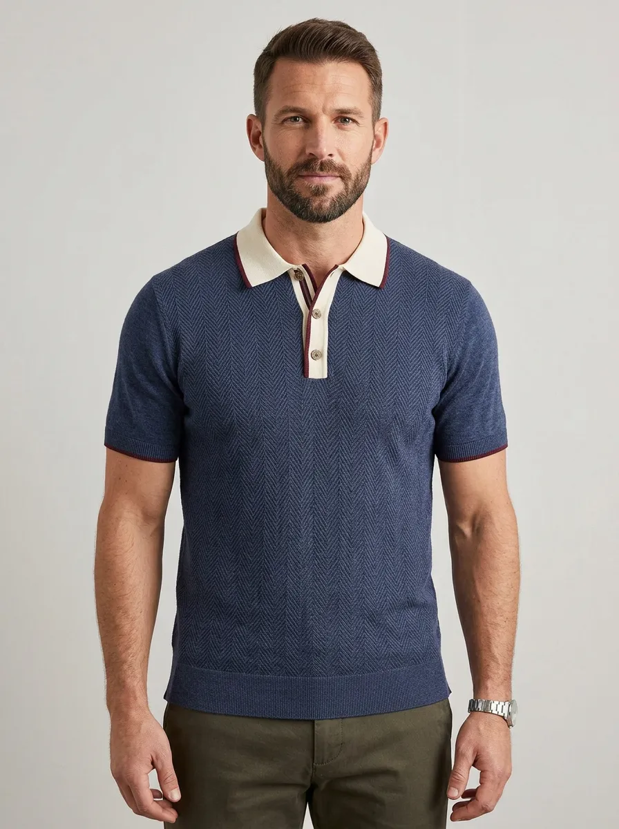 Men's Classic Everyday Herringbone Knit Polo Shirt