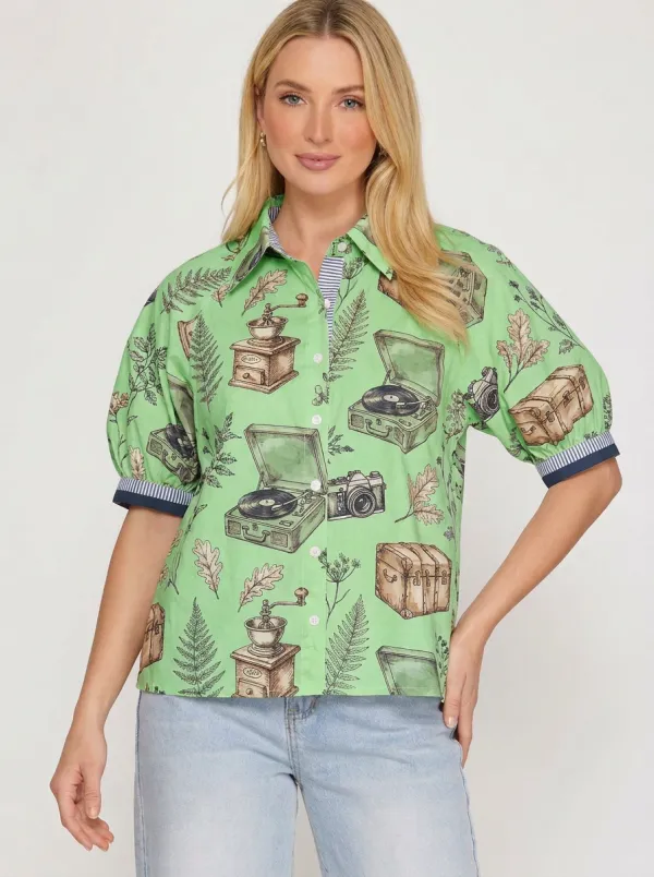 Women's Vintage Retro Object Fern Leaf Printed Button-Up Shirt