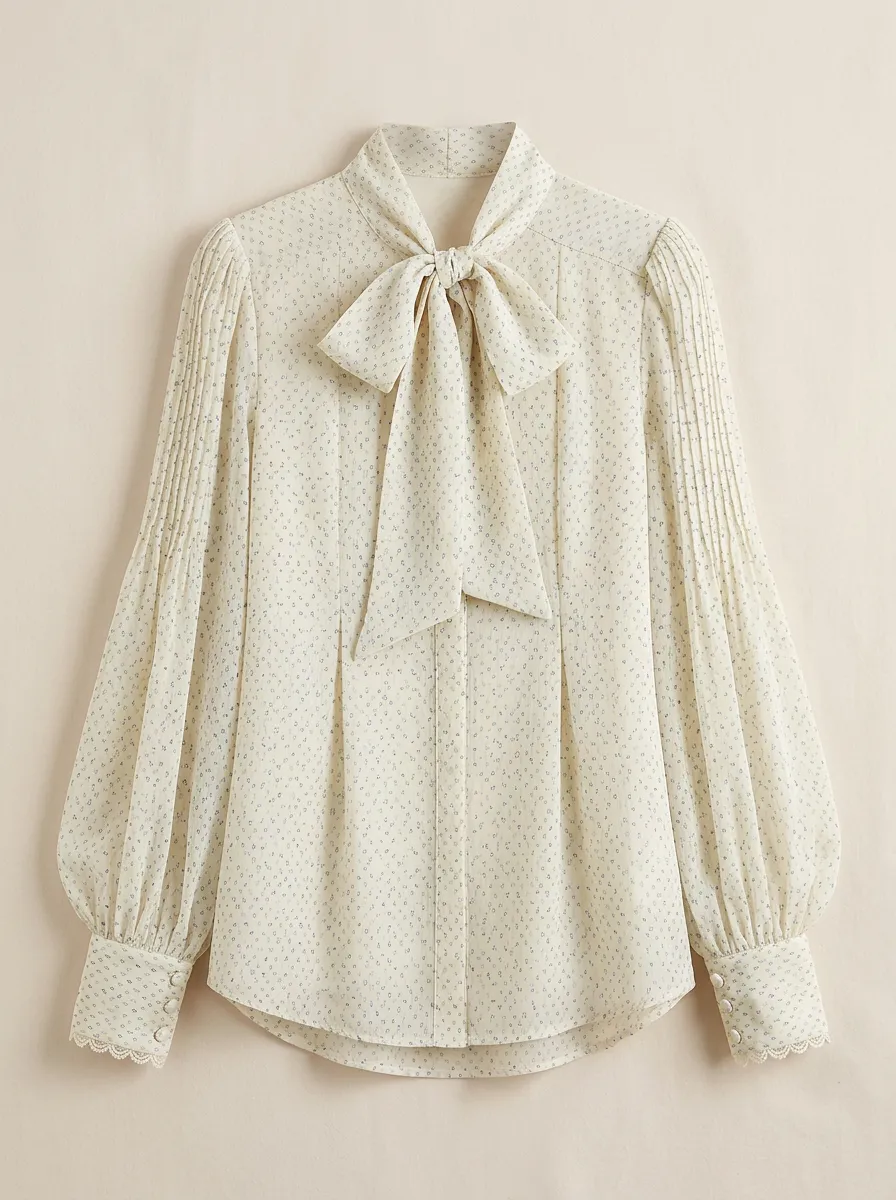 Women's Vintage Floral Bow Tie Pleated Printed Blouse