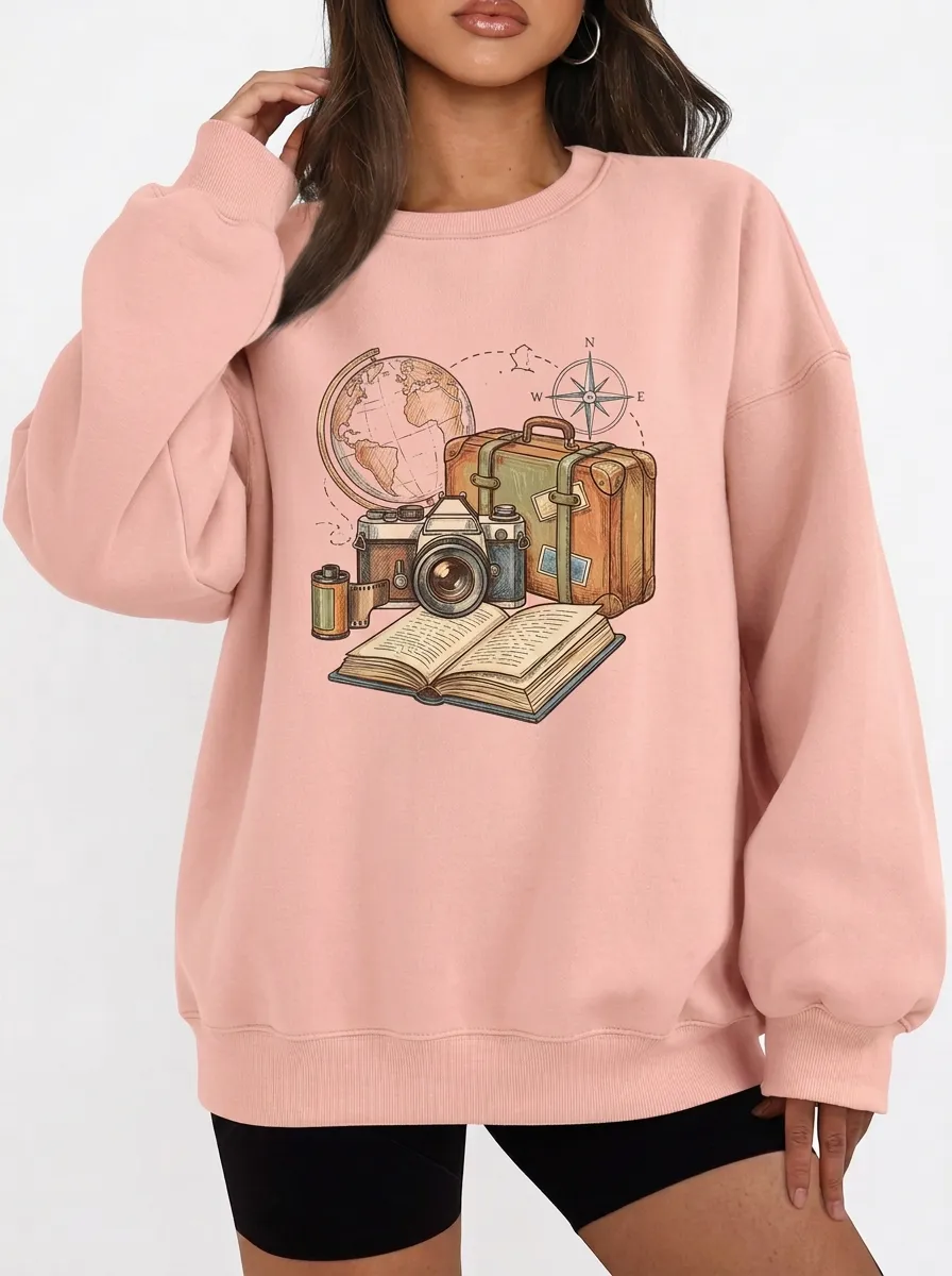 Women's Travel Globe Camera Suitcase Graphic Sweatshirt