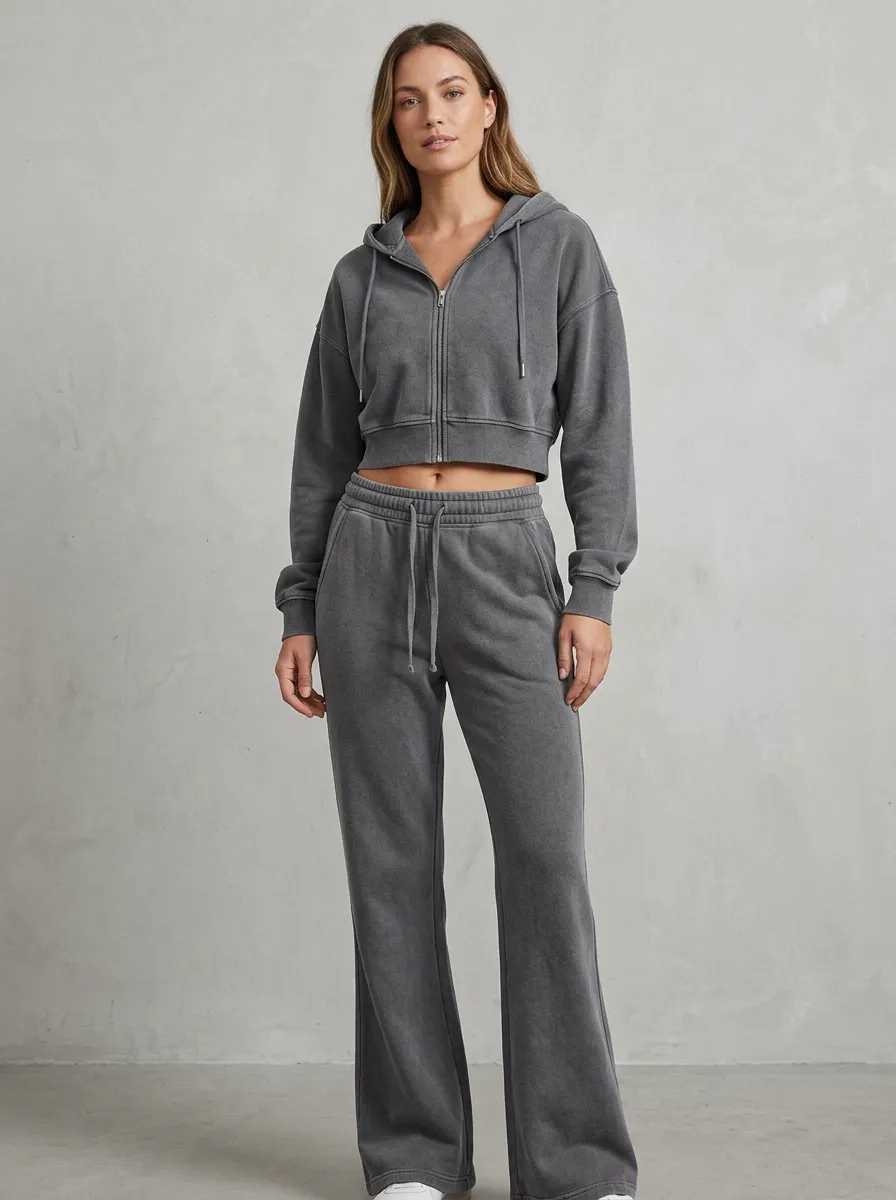 Women's Everyday Sport Inspired Cropped Hooded Jacket and Flare Pants Active Set