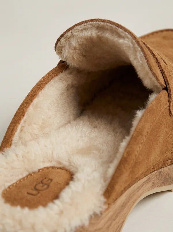 Women's Utility Faux Fur Lined Clog Style Casual Suede Wood Sole Loafers