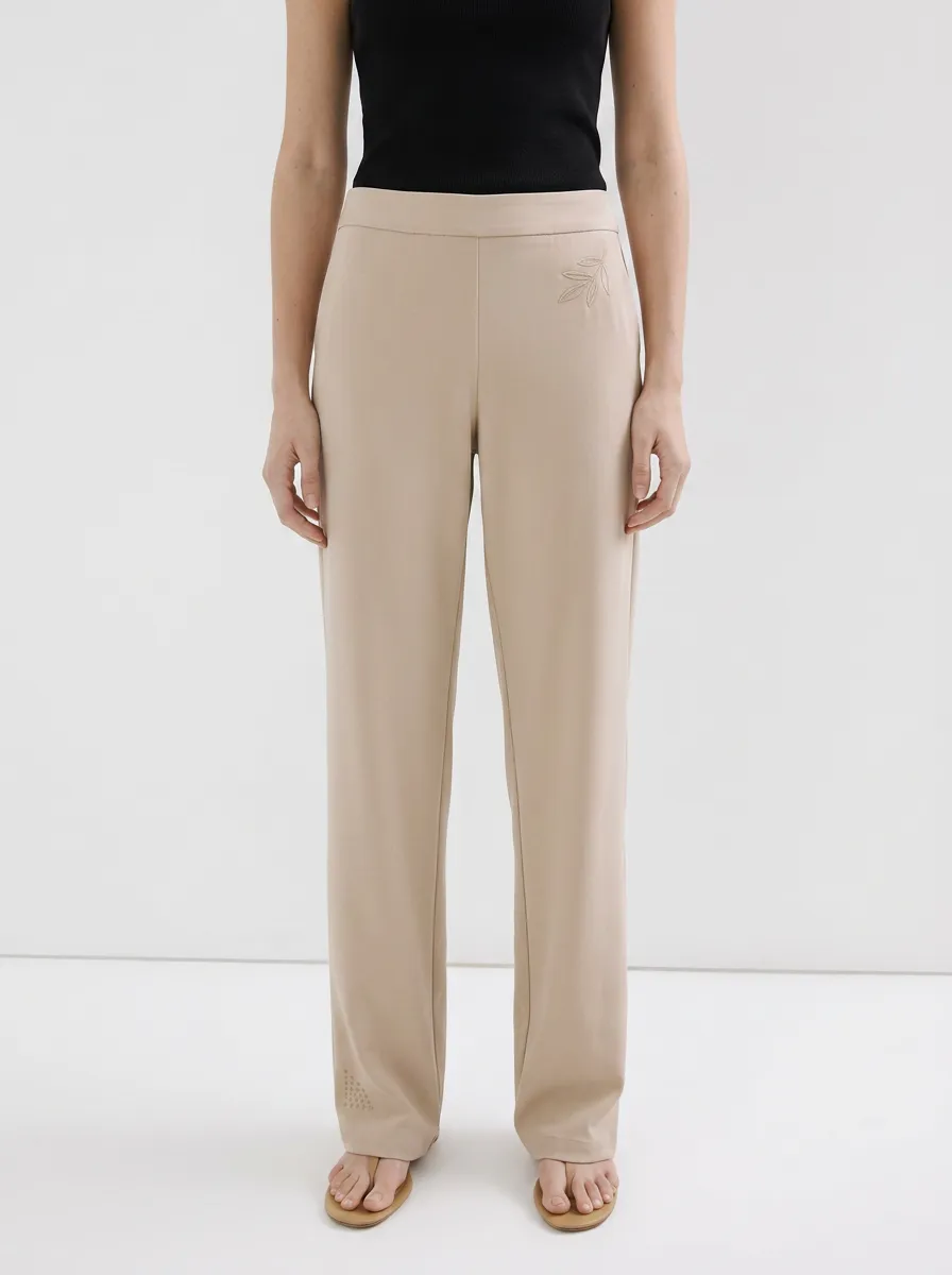Women's Minimalist Leaf Embroidered Mid-Rise Straight Leg Pants
