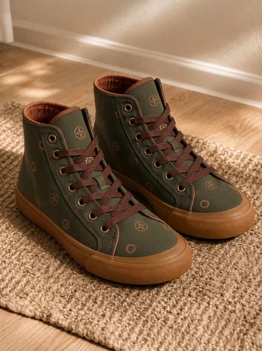 Men's Compass Gear Pattern Olive Green Printed Canvas Shoes