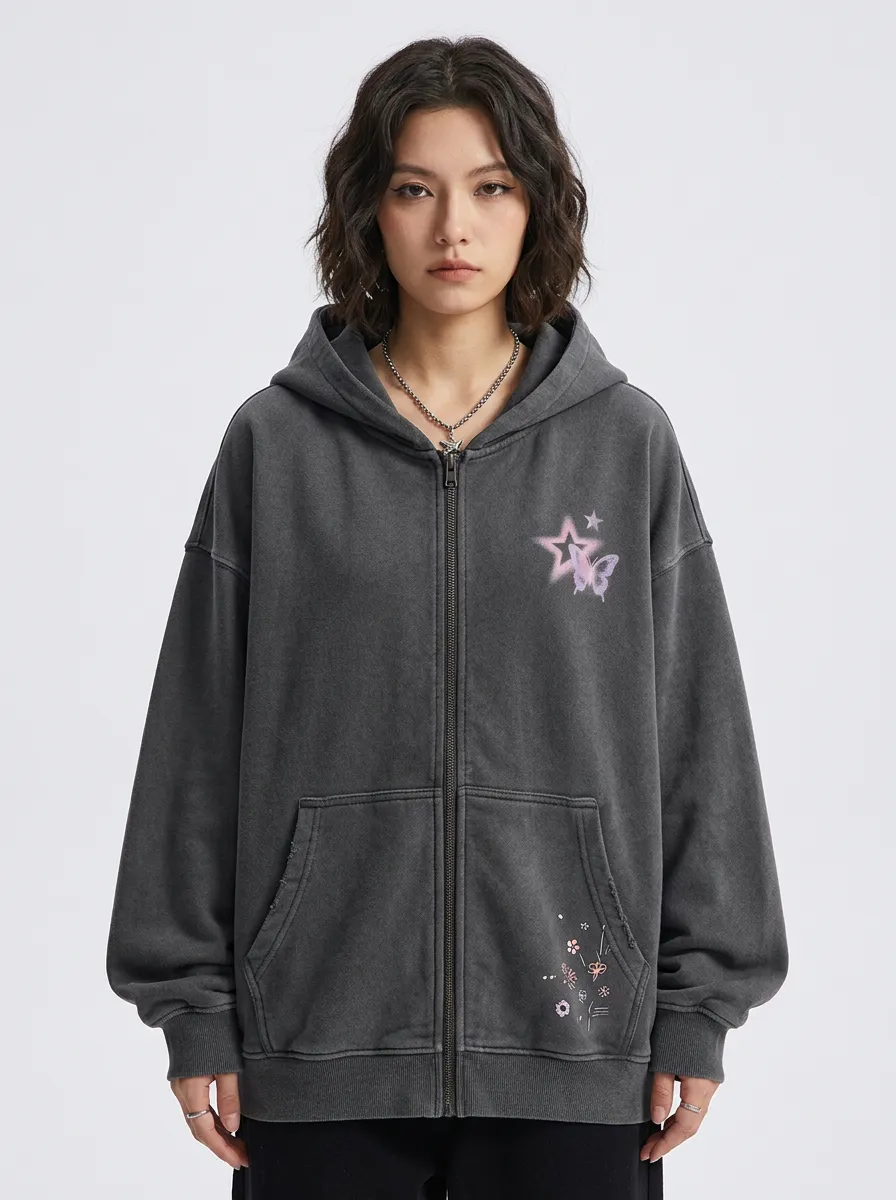 Women's Streetwear Y2K Butterfly Star Printed Zip-up Hoodie