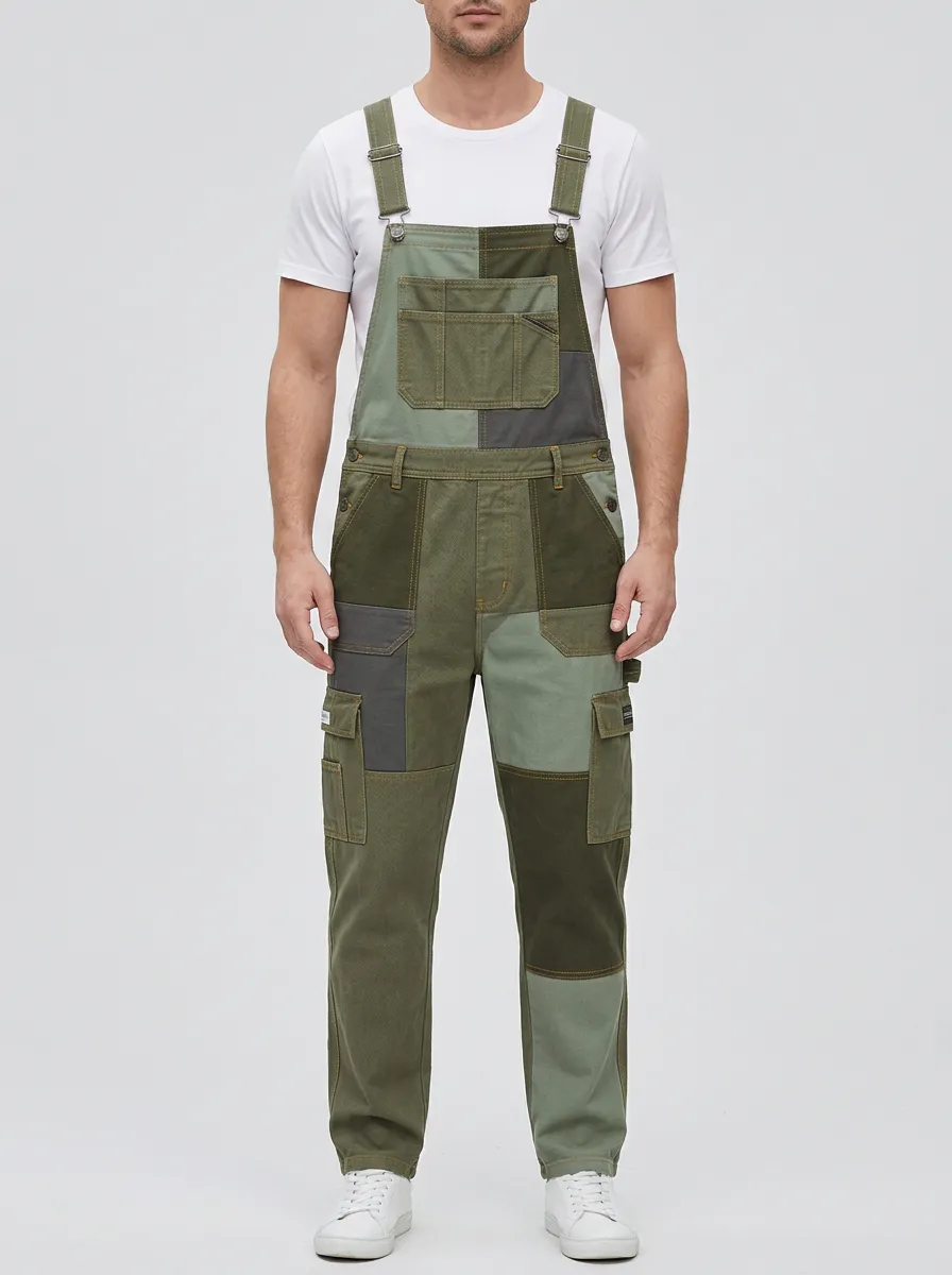 Patchwork Utility Flap Pocket Overalls