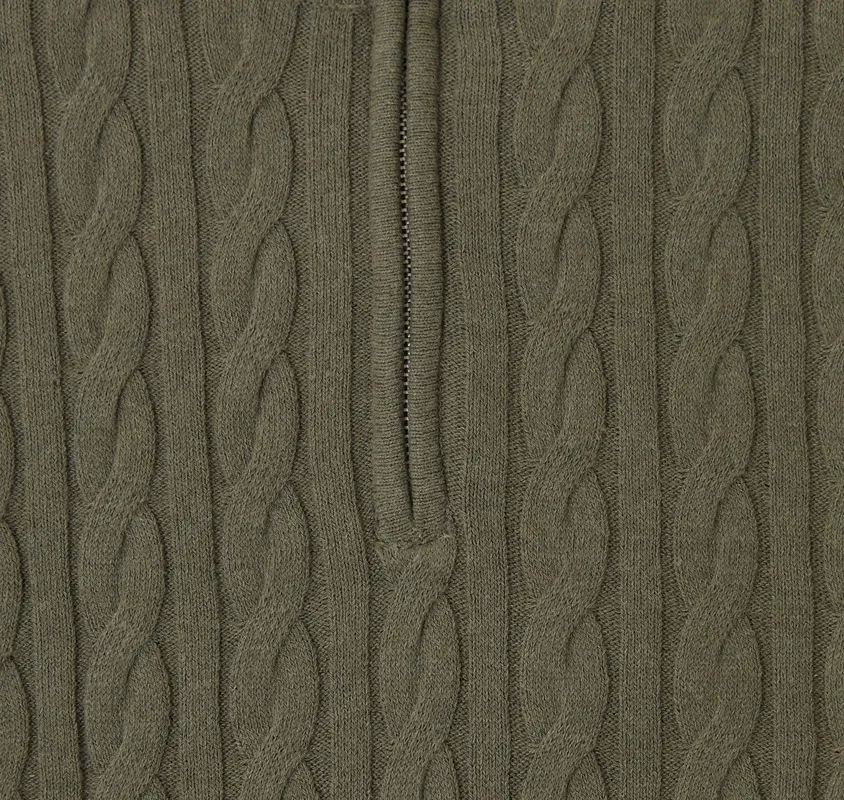 Olive Green Cable-Knit Quarter-Zip Sweater