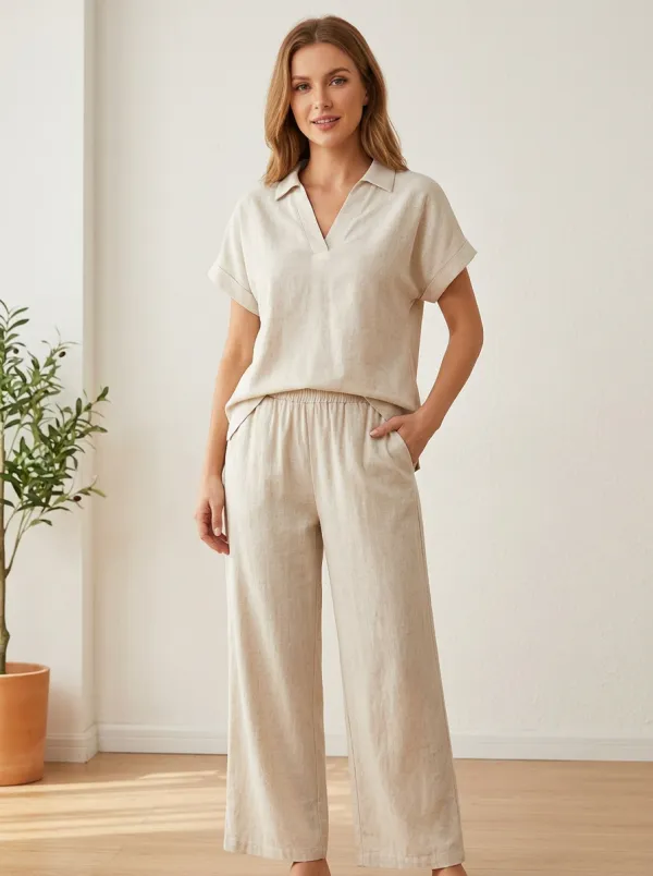 Soft-Look Minimalist Women's V-Neck Casual Lounge Set