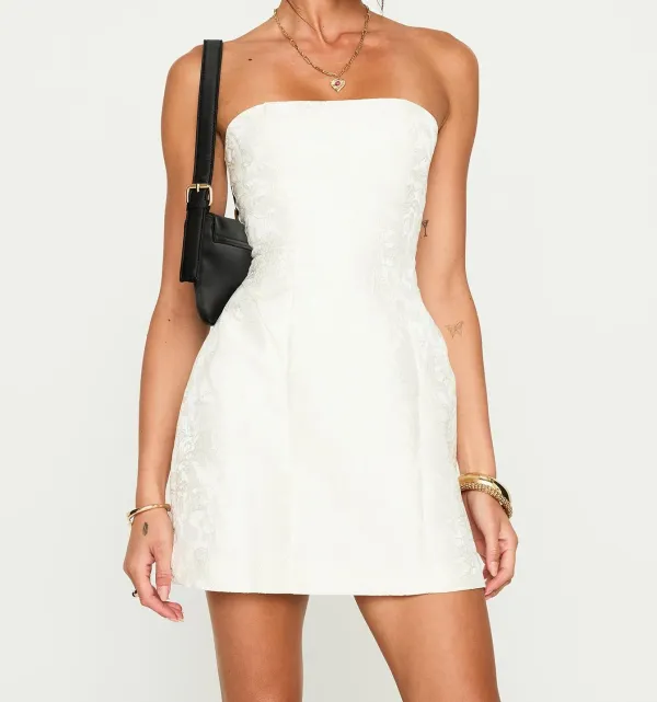 White Strapless Lace-Up Floral Mini Dress