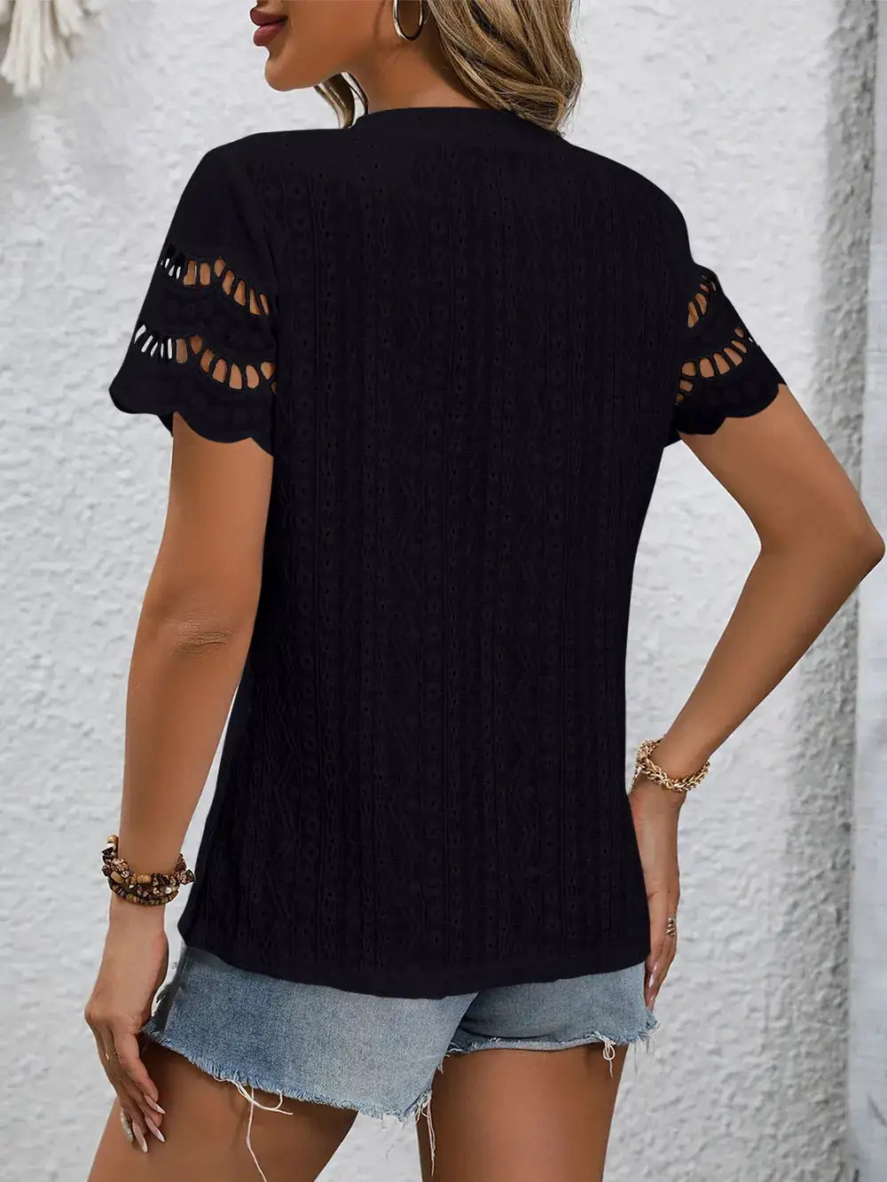 Eyelet Round Neck Short Sleeve Top