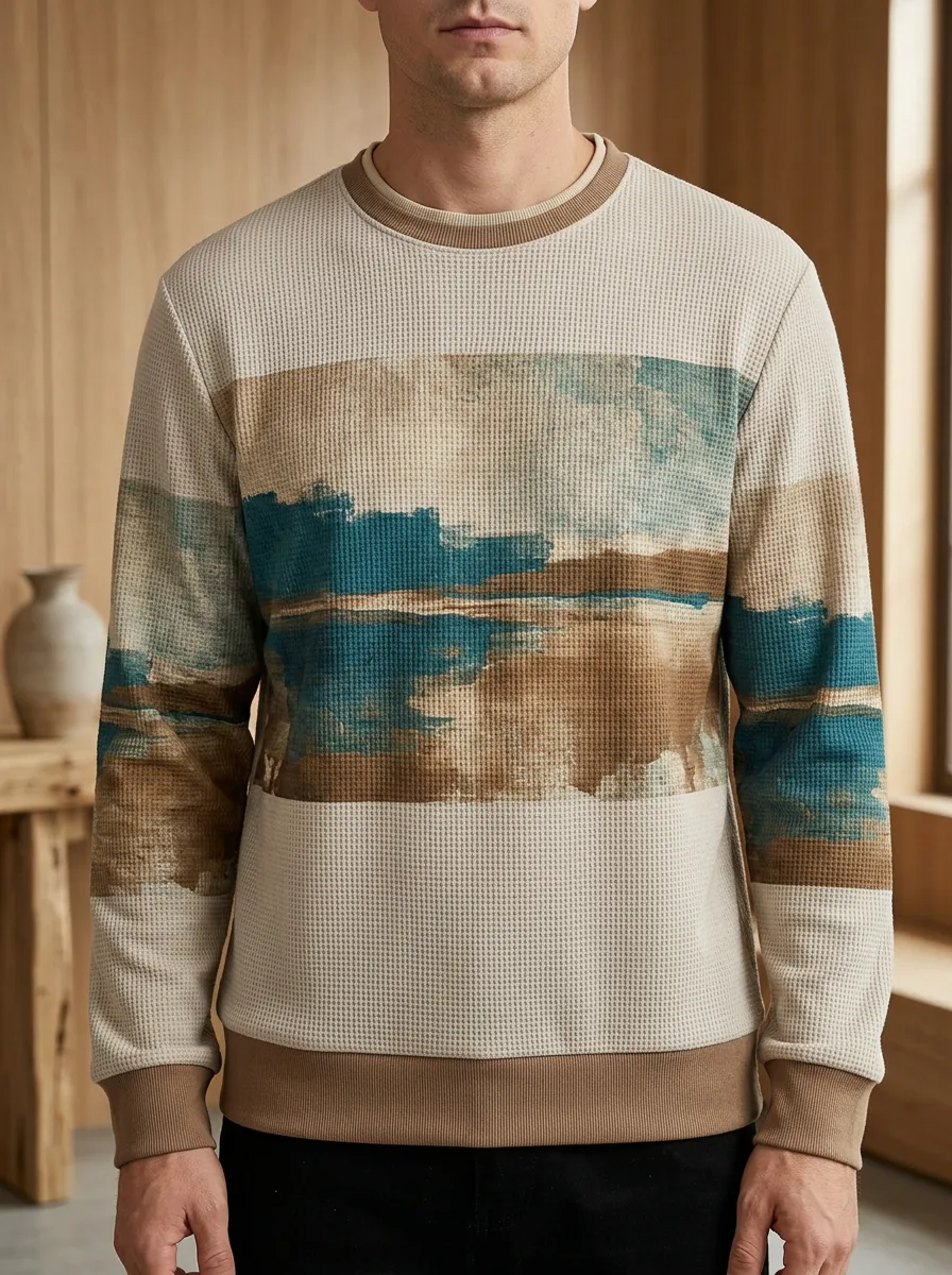 Men's Beige Landscape Waffle Knit Crewneck Sweatshirt